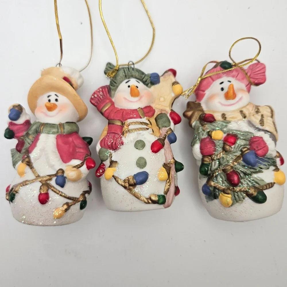 Vintage‎ Snowman Christmas Ornaments Set of 3 Ceramic Light Bulb Garland Holiday
